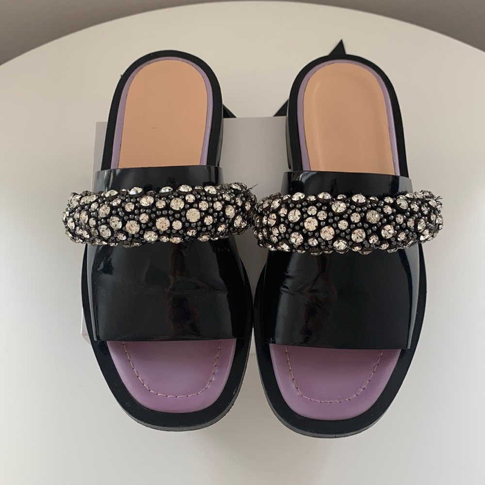CARVEN leather beaded slide sandals